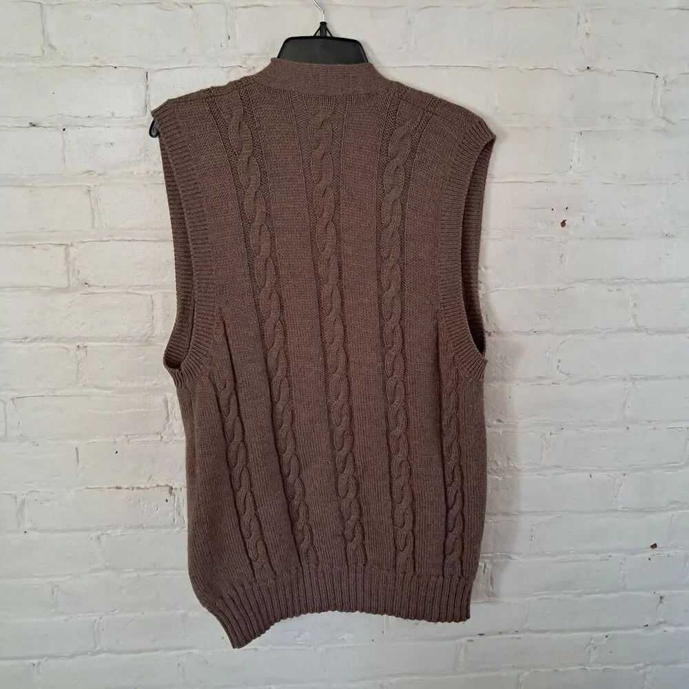 Vintage Mark Shale 100% Wool Brown Cableknit Cardigan Vest Sweater Brown Mens L